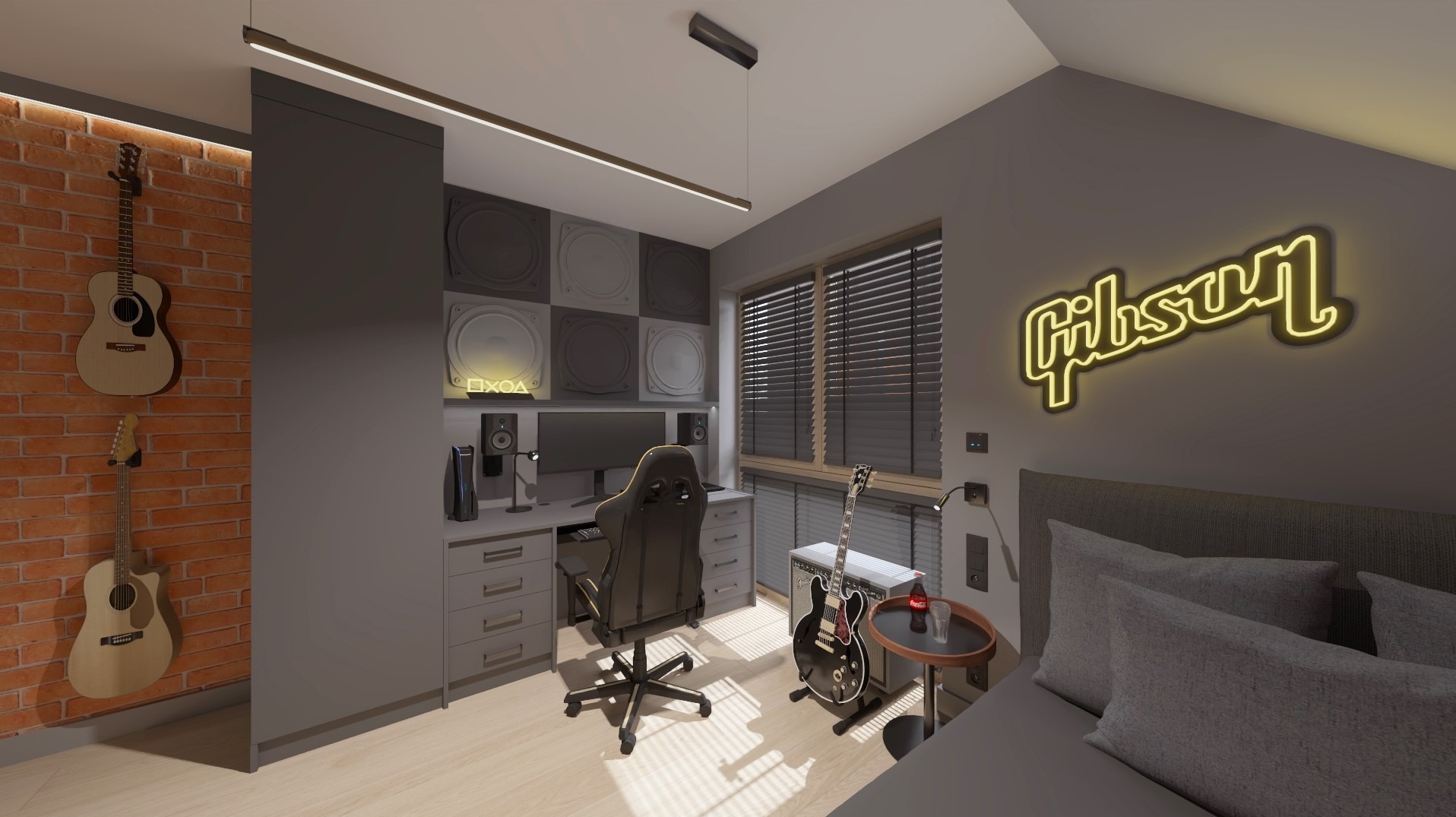 Pokój młodzieżowy z gitarami: akustyczna na ceglanej ścianie, elektryczna przy biurku. Neon Gibson nad łóżkiem, biurko z komputerem i konsolą. Nowoczesny design.