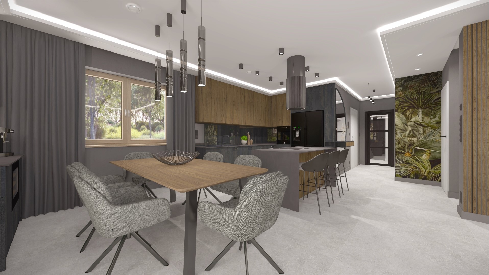 Nowoczesna aranżacja wnętrza: jadalnia z drewnianym stołem i szarymi krzesłami, otwarta na kuchnię z wyspą i egzotyczną tapetą w tle. Oświetlenie punktowe i wiszące lampy.