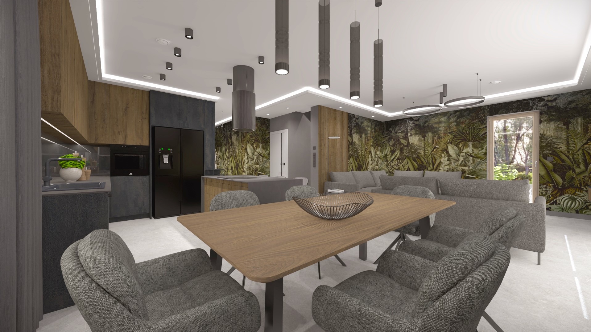 Wizualizacja przestronnego wnętrza: drewniany stół z szarymi krzesłami, kuchnia z czarną lodówką i salon z sofą na tle ściany z motywem dżungli. Nowoczesne oświetlenie.