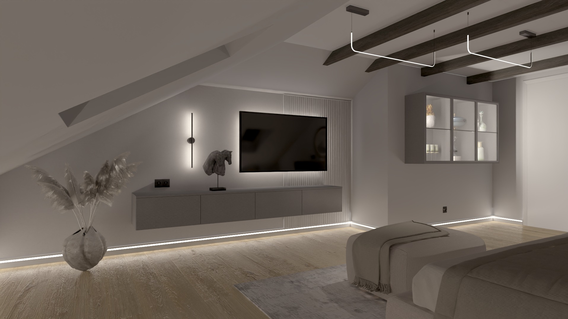 Nowoczesna aranżacja poddasza z szarą szafką RTV, telewizorem, dekoracyjną rzeźbą konia i oświetleniem LED. Widoczne drewniane belki stropowe i przeszklona witryna.