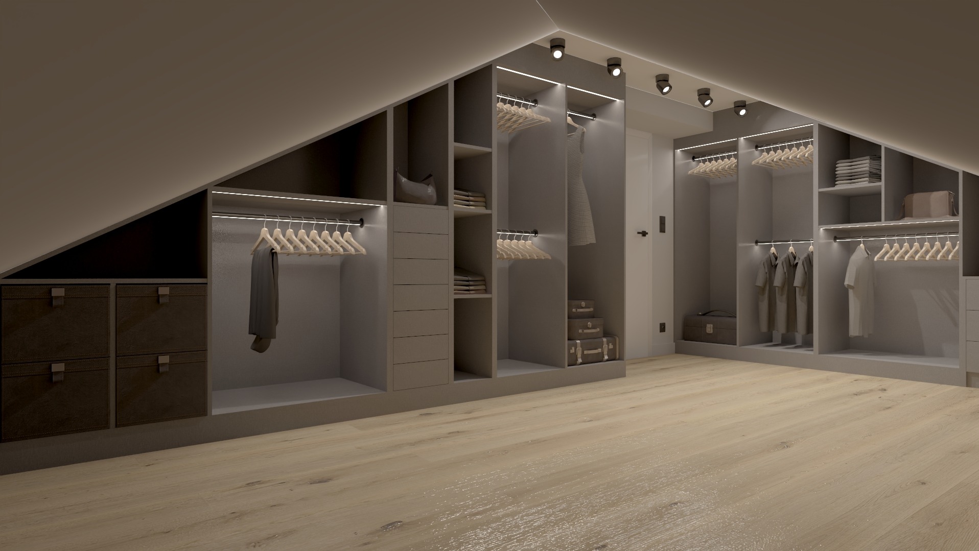 Projekt garderoby na poddaszu ze skosami, oświetleniem LED i drewnianą podłogą. Widoczne półki, wieszaki z ubraniami i szuflady. Nowoczesny design.