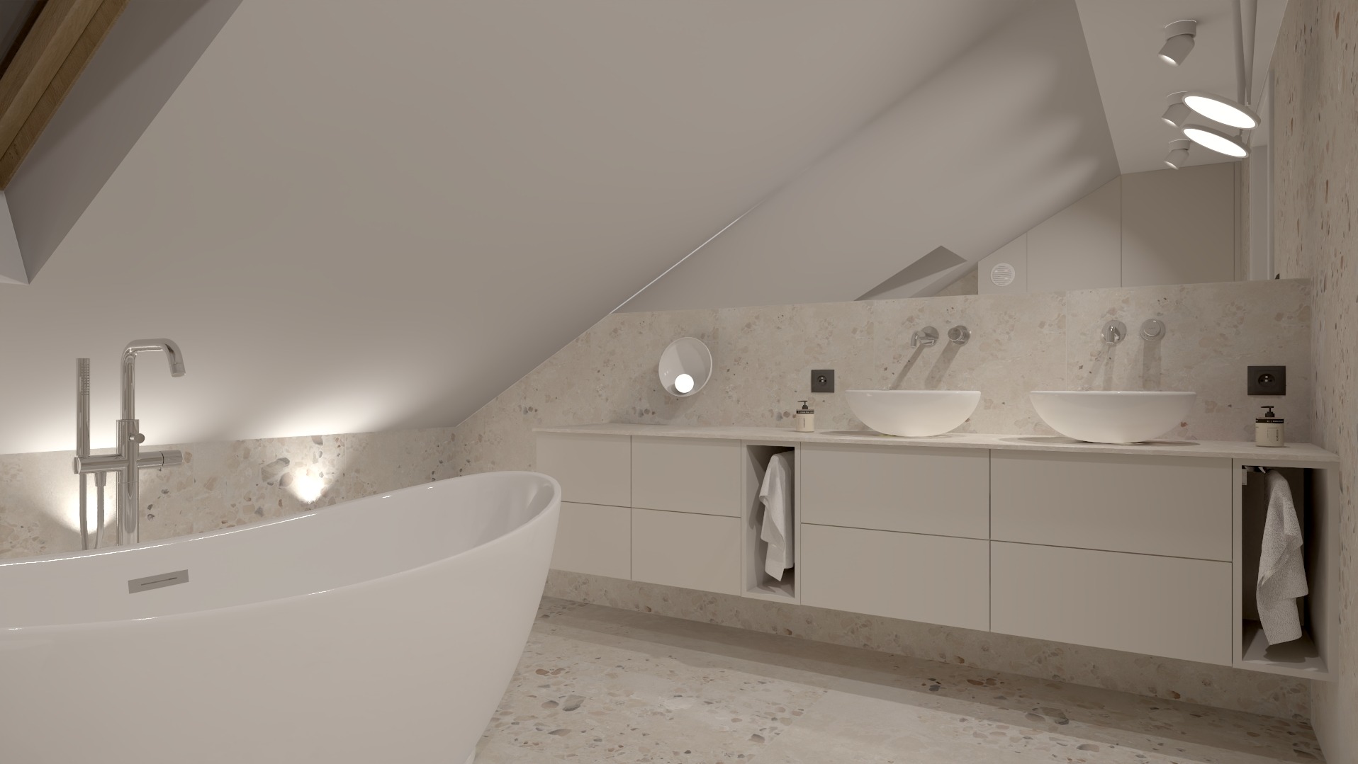 Jasna łazienka na poddaszu z wolnostojącą wanną, dwiema umywalkami nablatowymi i beżową mozaiką na ścianach. Minimalistyczny design, oświetlenie punktowe.