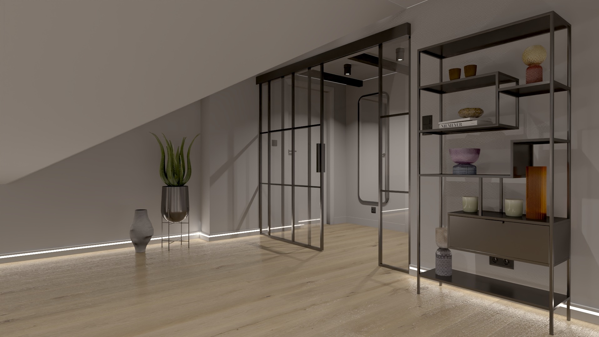 Nowoczesne wnętrze z przesuwnymi, przeszklonymi drzwiami w metalowej ramie, regałem z dekoracjami i roślinami w donicach. Podświetlenie LED przy podłodze.