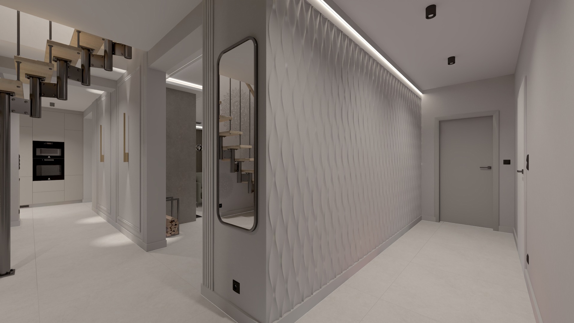 Nowoczesny przedpokój w odcieniach szarości z dekoracyjną ścianą 3D i lustrem, w którym odbijają się schody. Widoczna zabudowa kuchenna i oświetlenie punktowe.