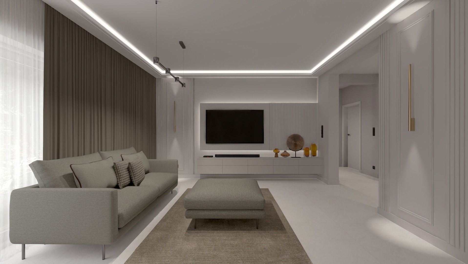 Nowoczesny salon w stonowanej kolorystyce z szarą sofą, pufą i telewizorem na tle dekoracyjnej ściany. Oświetlenie LED podkreśla minimalistyczny design wnętrza.