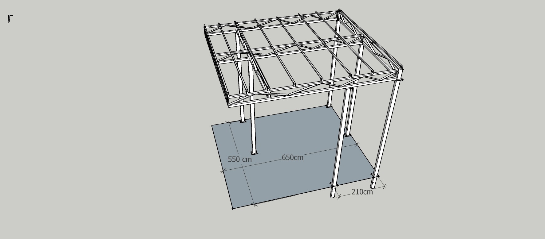 Szkic 3D hali stalowej z wymiarami 550cm x 650cm, przedstawiający konstrukcję nośną z białych profili na szarym tle.