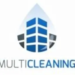 Logo firmy Multicleaning przedstawiające budynek w kształcie kropli wody. Kolorystyka niebiesko-szara.