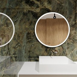 KOKOPROJEKT Jacek Kokowski - Nowoczesna łazienka z zielonym marmurem, okrągłymi lustrami z podświetleniem LED i białą, geometryczną umywalką nablatową. Minimalistyczny design.
