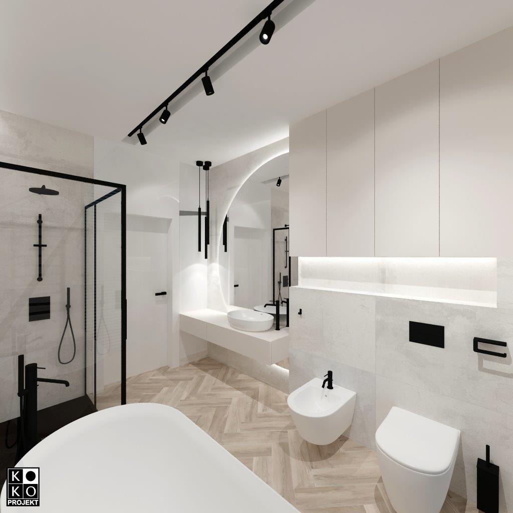 Nowoczesna łazienka w bieli i czerni z drewnianą podłogą w jodełkę. Kabina prysznicowa typu walk-in, umywalka nablatowa i podświetlane lustro.