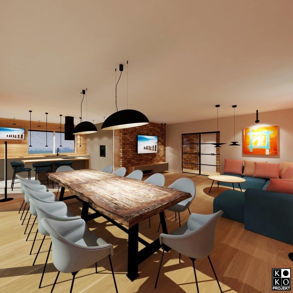 Salon z jadalnią w stylu industrialnym w Szczecinie. Duży drewniany stół, szare krzesła, ceglana ściana i nowoczesne lampy wiszące. Projekt wnętrza.