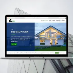 Laptop wyświetlający stronę internetową firmy budowlanej KGK Budujemy Domy, prezentującą wizualizację nowoczesnego domu jednorodzinnego z dużymi oknami.