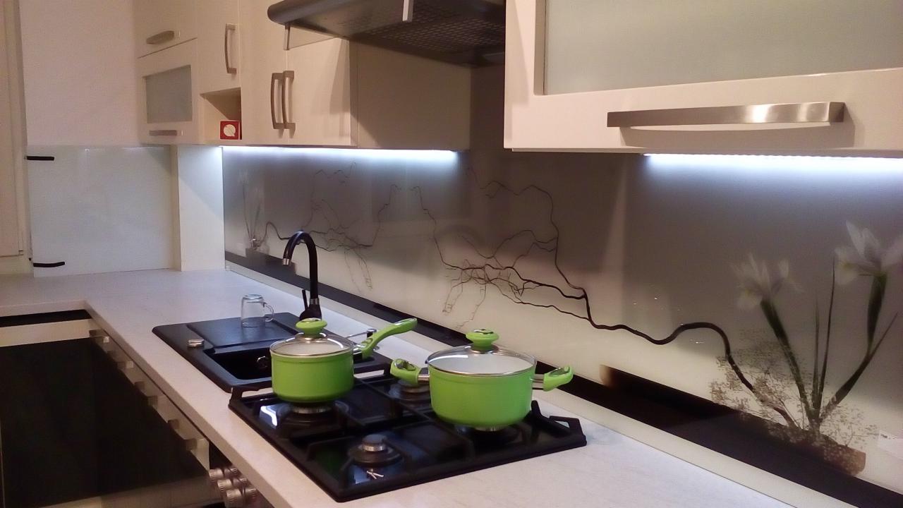 Szklany panel dekoracyjny z motywem roślinnym za płytą kuchenną z dwoma zielonymi garnkami.