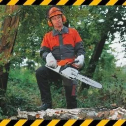 Mężczyzna w kasku i ochronnej odzieży stoi na powalonym pniu drzewa, trzymając piłę spalinową marki Stihl. W tle widoczne drzewa i leśne poszycie.