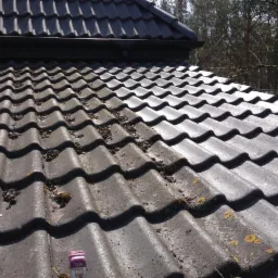 Częściowo oczyszczony dach z szarej dach&oacute;wki ceramicznej, widoczne mchy i porosty, kontrast między czystą i zabrudzoną powierzchnią.