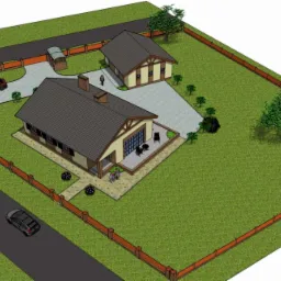 Wizualizacja 3D domu jednorodzinnego z garażem, otoczonego trawnikiem i drewnianym ogrodzeniem, widok z góry.