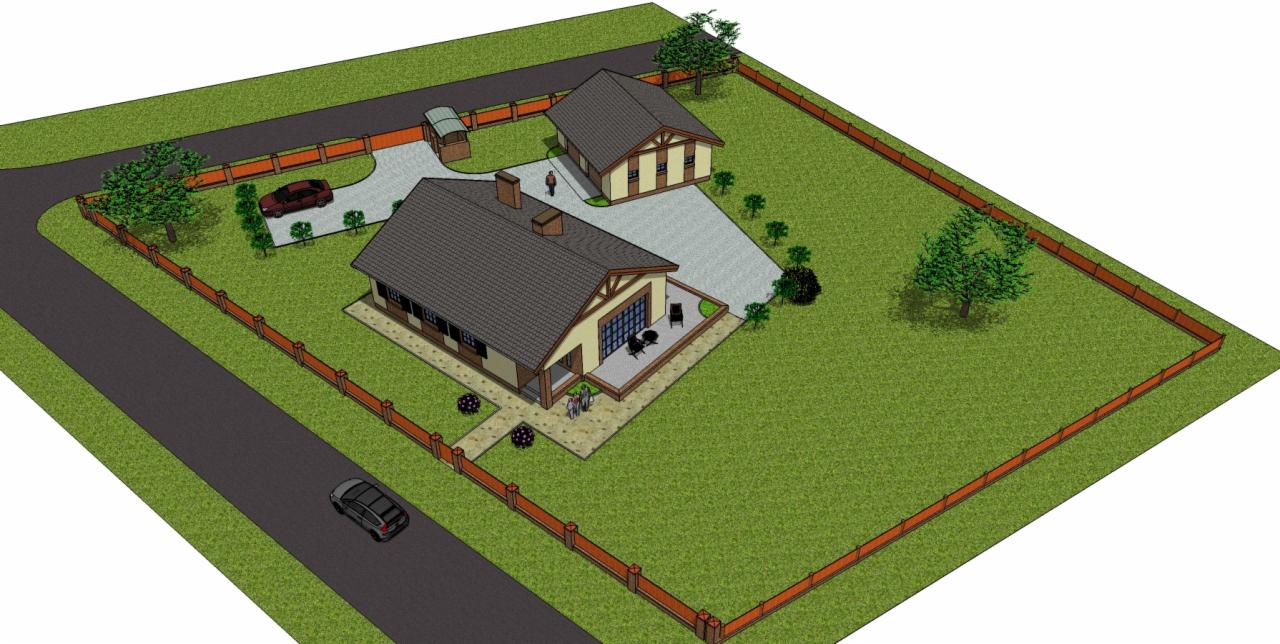 Wizualizacja 3D domu jednorodzinnego z garażem, otoczonego trawnikiem i drewnianym ogrodzeniem, widok z góry.