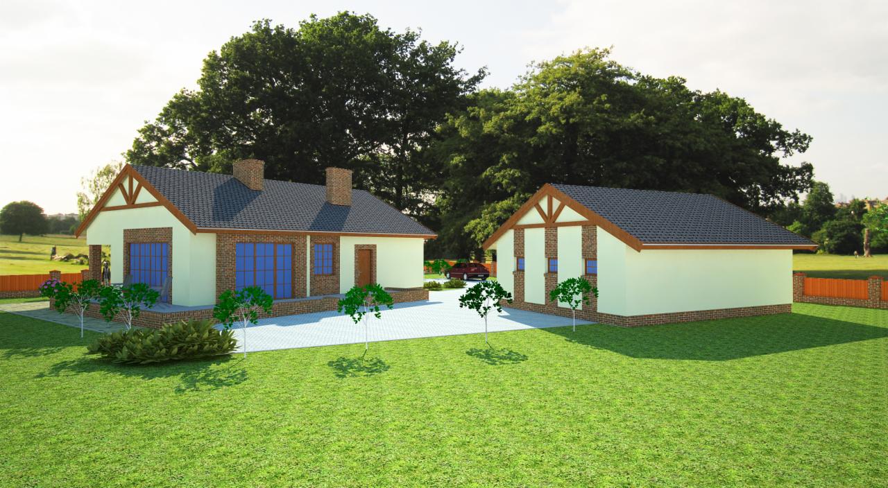 Wizualizacja domu jednorodzinnego z garażem, kremowa elewacja z ceglanymi detalami, ciemna dachówka, uporządkowany ogród z młodymi drzewkami.