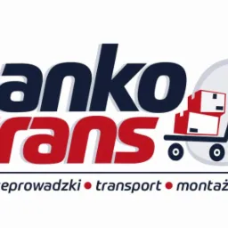 Logo firmy Anko Trans z wózkiem transportowym i pudełkami, oferującej usługi transportowe i montażowe.