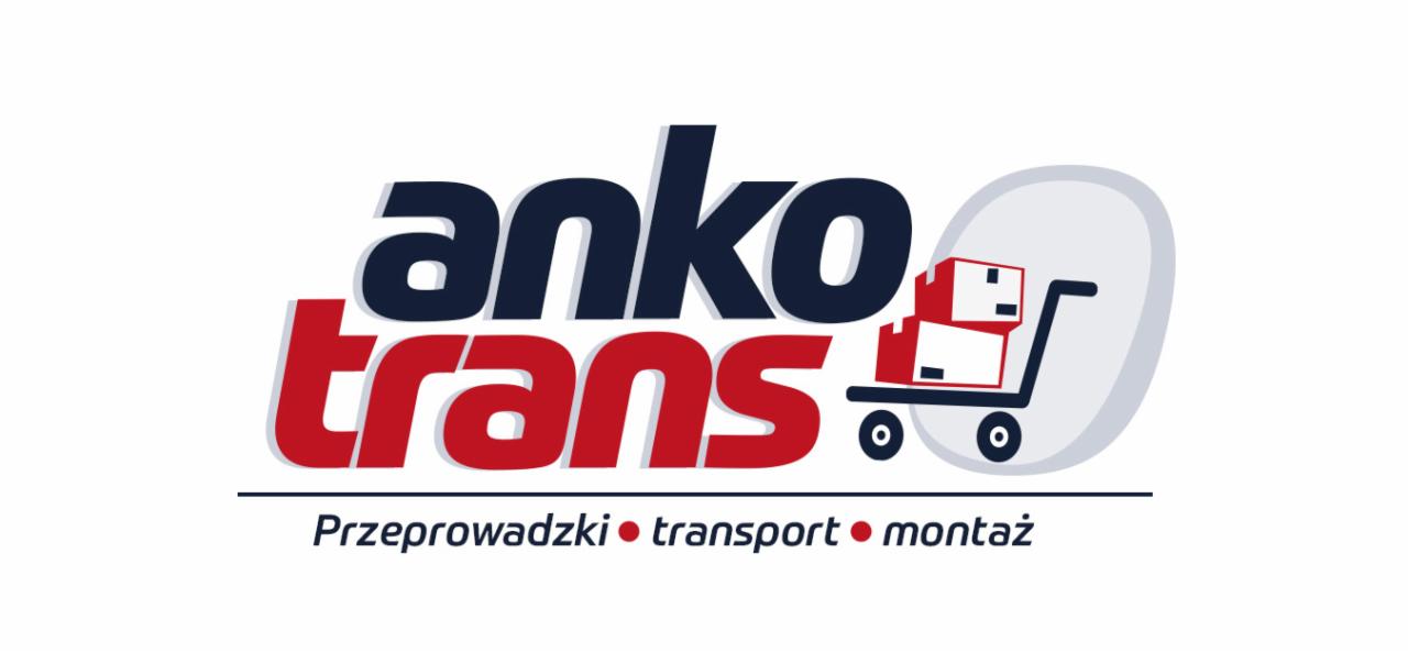 Logo firmy Anko Trans z wózkiem transportowym i pudełkami, oferującej usługi transportowe i montażowe.