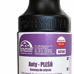 Czarna butelka z rozpylaczem Dolphin Anty-Pleśń, etykieta w odcieniach fioletu i bieli z informacjami o produkcie, w tym logo firmy i hasło 'Produkt Polski'.