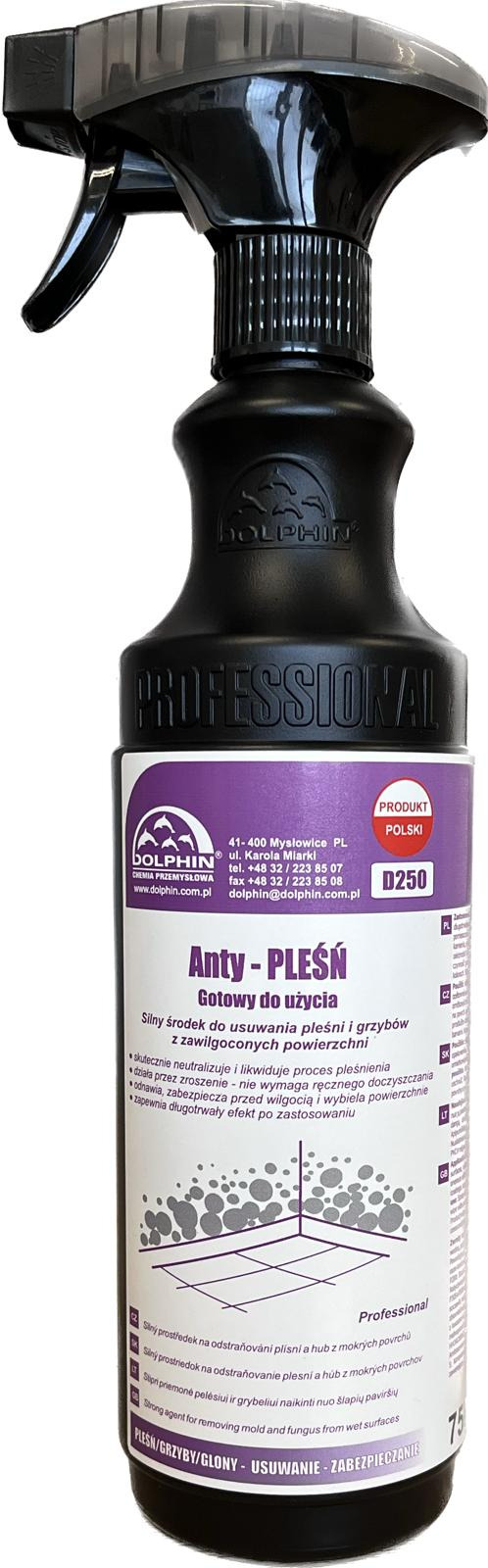 Czarna butelka z rozpylaczem Dolphin Anty-Pleśń, etykieta w odcieniach fioletu i bieli z informacjami o produkcie, w tym logo firmy i hasło 'Produkt Polski'.