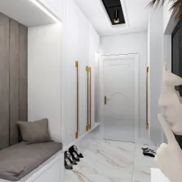 Wnętrze przedpokoju w bieli i szarościach z siedziskiem, szafą wnękową z złotymi uchwytami i marmurową podłogą, ozdobione rzeźbą i palmą.