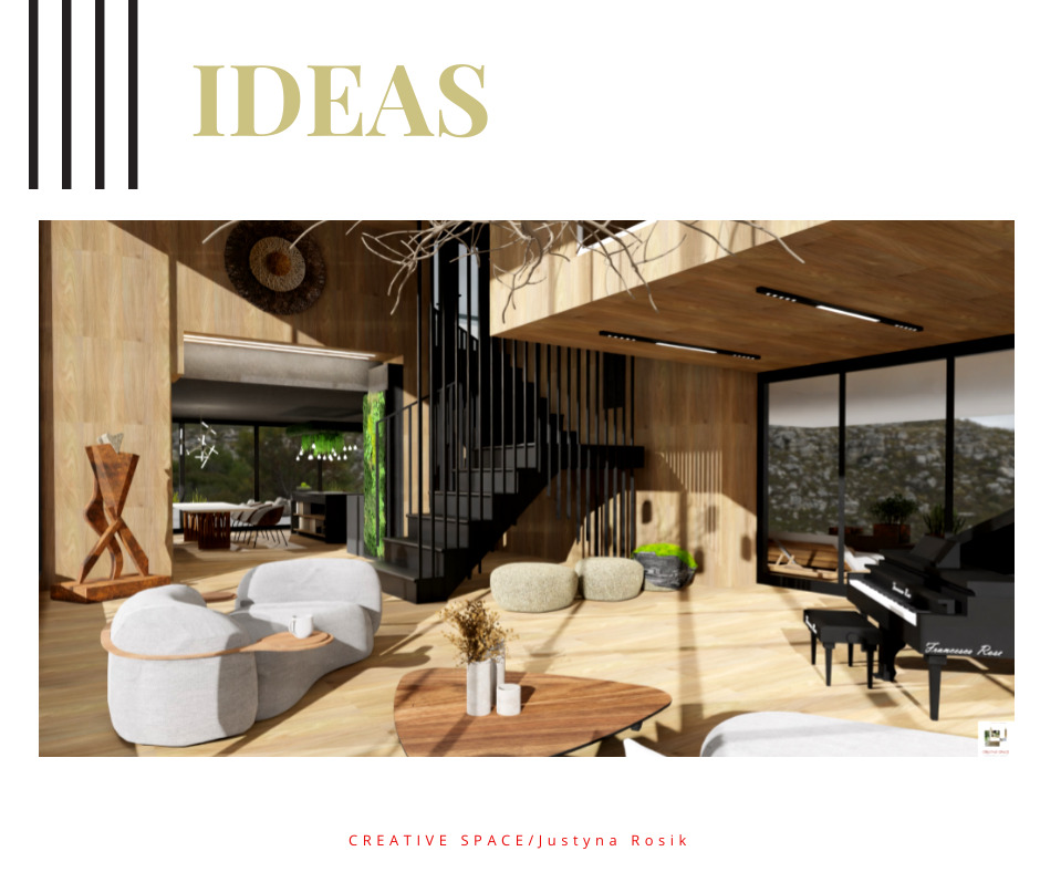 Wizualizacja przestronnego wnętrza z drewnianymi panelami, czarnymi schodami i elementami dekoracyjnymi, takimi jak rzeźba i pianino, oświetlonego naturalnym światłem wpadającym przez duże okna.