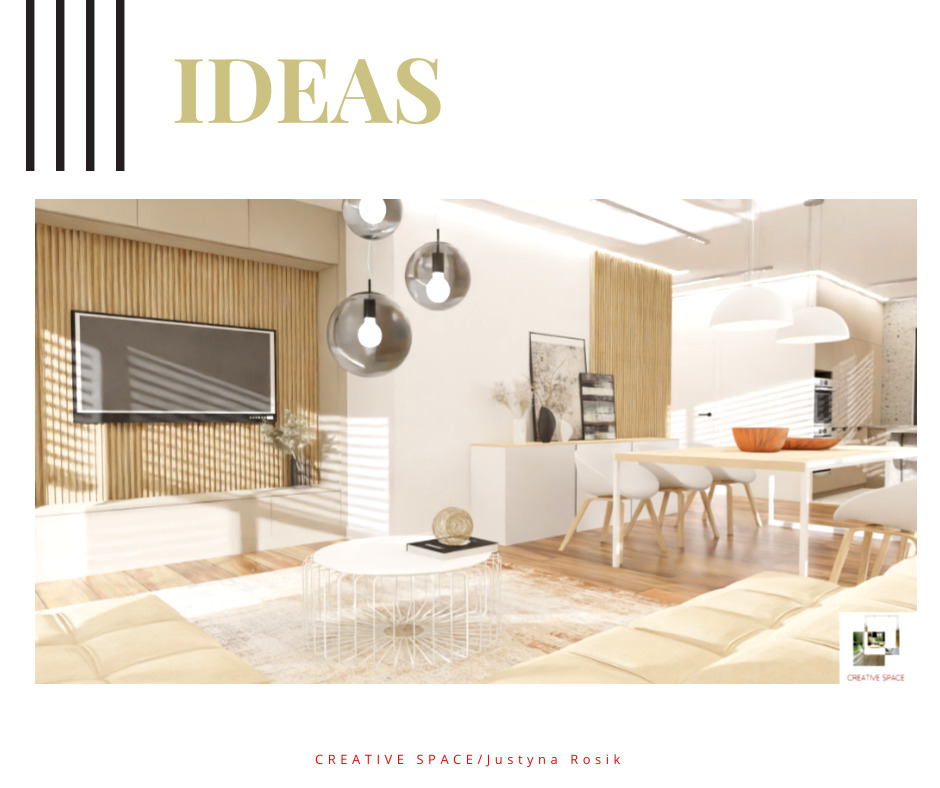 Wizualizacja nowoczesnego salonu z telewizorem na drewnianej ścianie, okrągłym stolikiem kawowym i wiszącymi lampami kulami, w jasnej kolorystyce z elementami drewna.