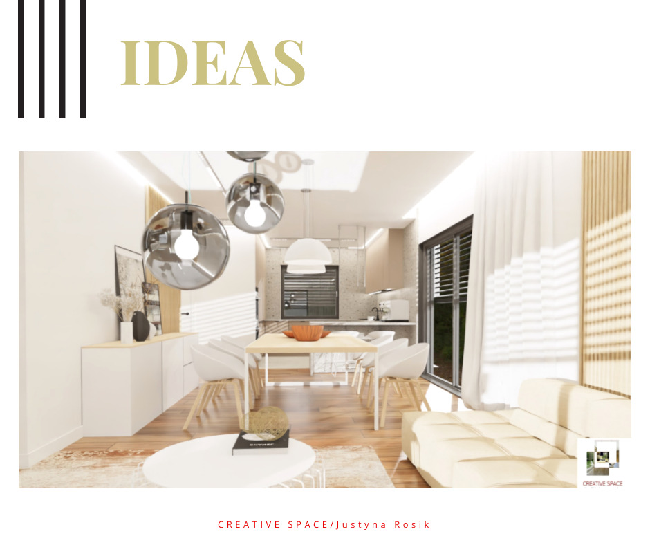 Wizualizacja wnętrza: salon z jadalnią i kuchnią w beżach i bieli, szklane lampy wiszące, drewniana podłoga, sofa i okno z żaluzjami, widok na aneks kuchenny.