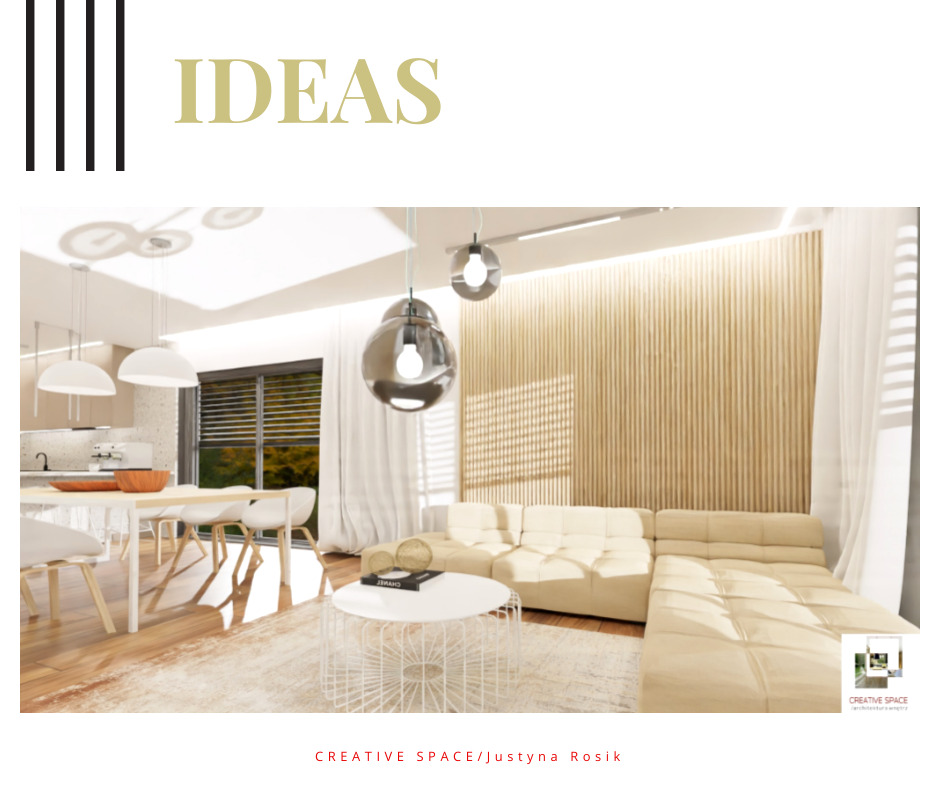 Wizualizacja przestronnego salonu z aneksem kuchennym, beżowa sofa narożna, okrągły stolik kawowy z metalową podstawą, drewniana ściana dekoracyjna, nowoczesne lampy wiszące, jasne kolory, logo...