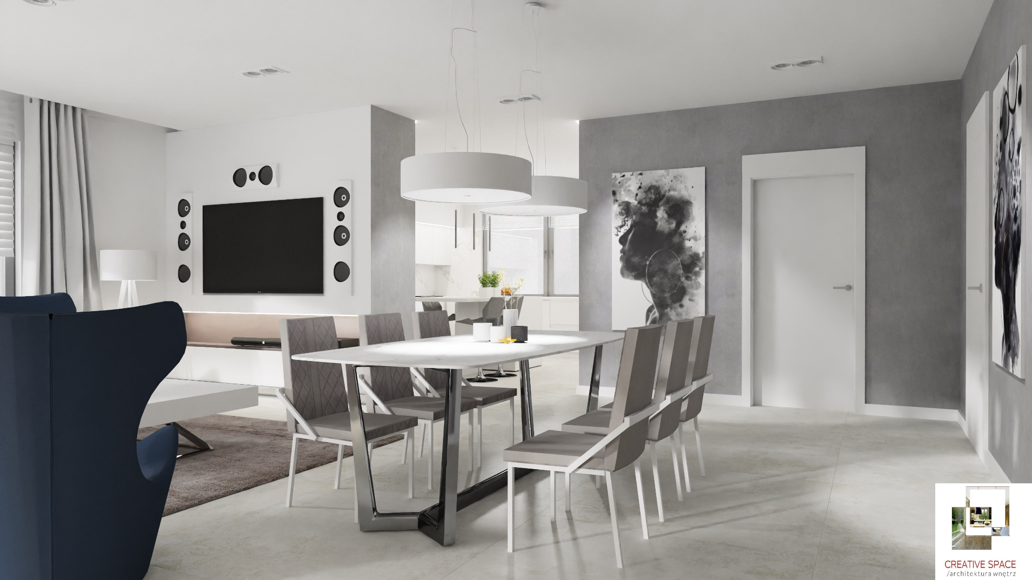 Nowoczesne wnętrze: biały stół z szarymi krzesłami, minimalistyczne lampy wiszące, telewizor z głośnikami po bokach, abstrakcyjne obrazy na ścianach, niebieski fotel w tle.