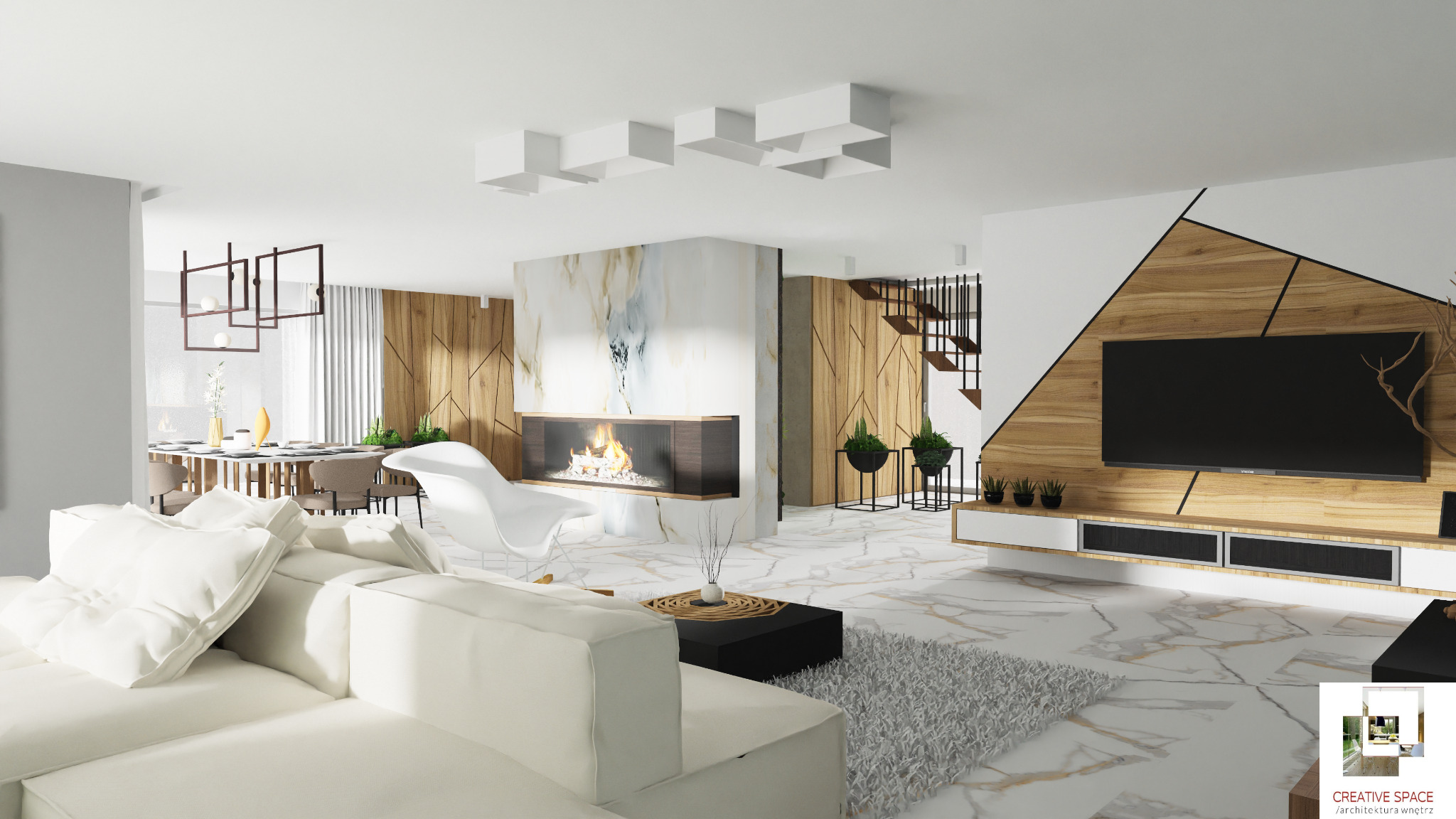 Jasny salon z marmurową podłogą, kominkiem, telewizorem na drewnianej ścianie i białym narożnikiem, widok na jadalnię w tle.