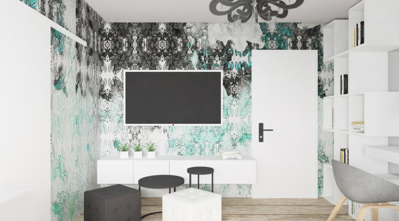 Nowoczesny salon z telewizorem na tle wzorzystej tapety w odcieniach bieli, czerni i turkusu, minimalistyczna biała szafka RTV, czarne stoliki kawowe, biały puf i białe regały na książki.