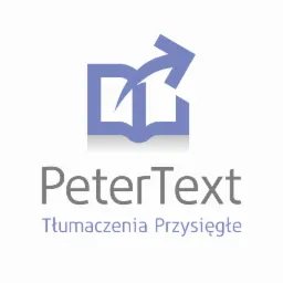 Logo firmy PeterText: stylizowana książka z wychodzącą strzałką i tekstem 'Tłumaczenia Przysięgłe' w szarym kolorze na białym tle.