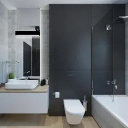 Nowoczesna łazienka z szarymi i czarnymi płytkami, wisząca umywalka z blatem z jasnego drewna, toaleta podwieszana i wanna z parawanem, minimalistyczny design.