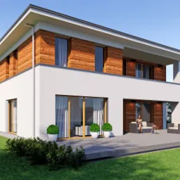 Wizualizacja dwukondygnacyjnego domu z płaskim dachem, wykończonego białym tynkiem i drewnianą okładziną, z tarasem na parterze i ogrodem.