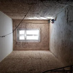 Wnętrze starego budynku z ceglanymi ścianami i podłogą przed wyburzeniem, widoczne okno i przewody na suficie, dwie łopaty oparte o ścianę.