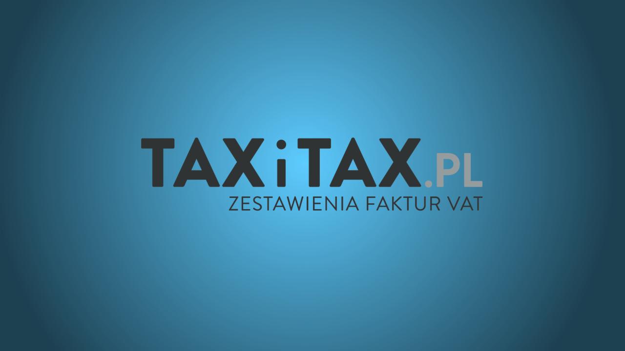 Logo firmy TAXiTAX.PL prezentujące zestawienia faktur VAT na niebieskim tle.