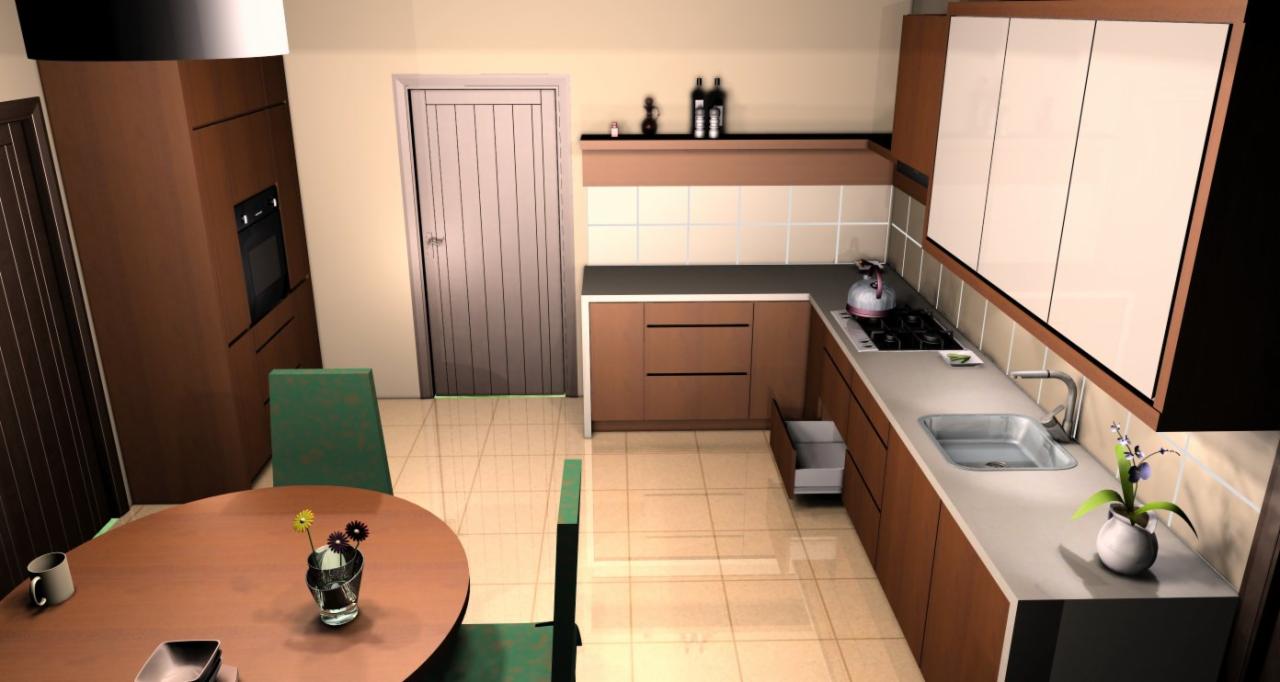 Wizualizacja kuchni z brązowymi szafkami, białymi frontami górnych szafek, okrągłym stołem z kwiatami i zielonymi krzesłami.