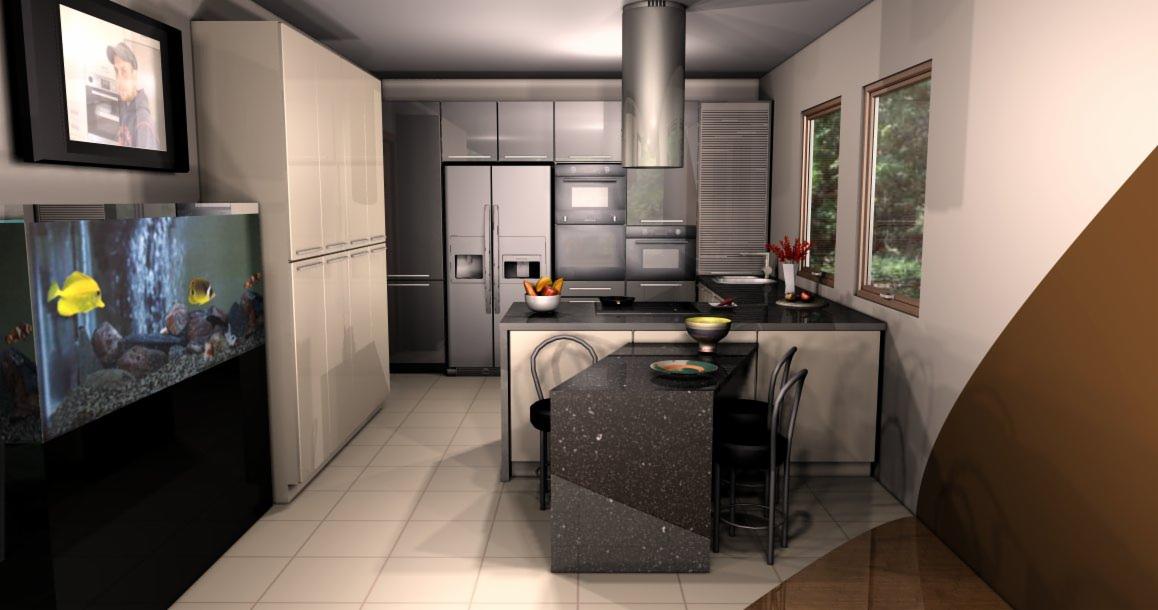 Wizualizacja nowoczesnej kuchni z wyspą i akwarium wbudowanym w szafkę, widok na zabudowę kuchenną w odcieniach szarości, białe szafki i okna z widokiem na zieleń.