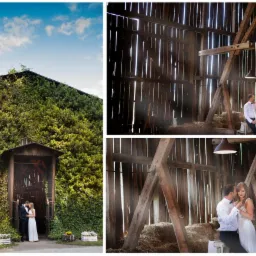 Para młoda pozuje przy budynku porośniętym bluszczem i w rustykalnej stodole z belkami i snopkami siana.