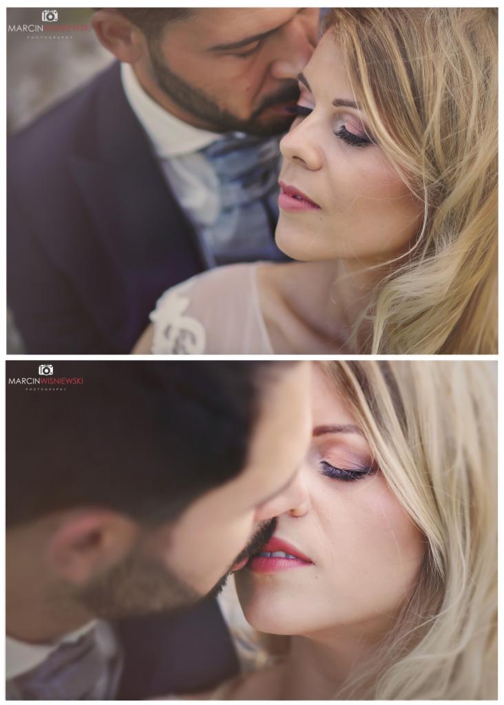 Dwa kadry z sesji: na górnym mężczyzna w garniturze czule obejmuje blondynkę w sukni ślubnej, na dolnym zbliżenie twarzy pary podczas pocałunku, z widocznym delikatnym makijażem.