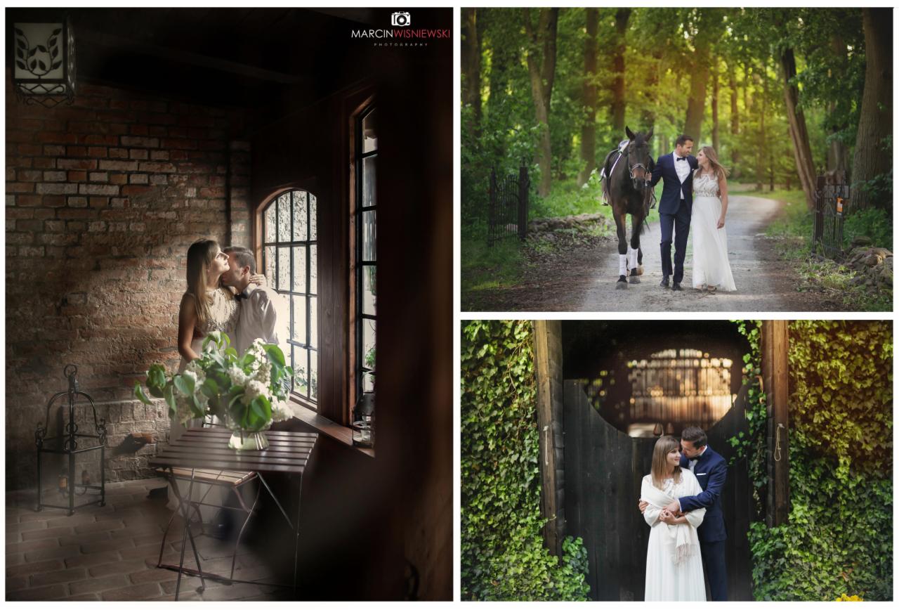 Kolaż zdjęć pary: w ceglanym wnętrzu przy oknie, spacerującej z koniem po leśnej drodze oraz przy drewnianej bramie porośniętej bluszczem.