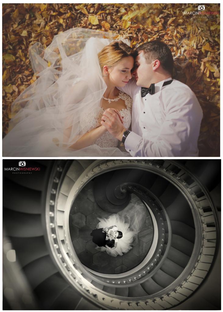 Dwa zdjęcia w jednym: u góry para młoda leżąca na liściach, panna młoda w koronkowej sukni i welonie, pan młody w smokingu, trzymają się za ręce; na dole para młoda widziana z góry na spiralnych...