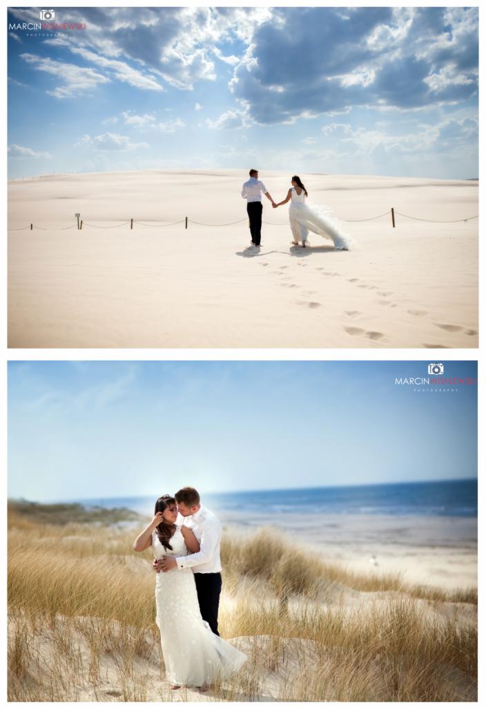 Dwie sceny z sesji ślubnej: para trzymająca się za ręce spaceruje po piaszczystej wydmie pod błękitnym niebem, a następnie obejmuje się na tle morza i trawy wydmowej.