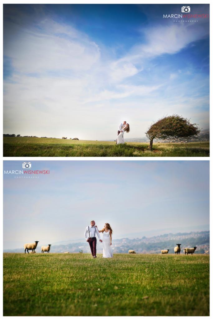Para młoda na tle rozległego pola z owcami, on w bordowych spodniach i szelkach, ona w białej sukni ślubnej, pod błękitnym niebem.