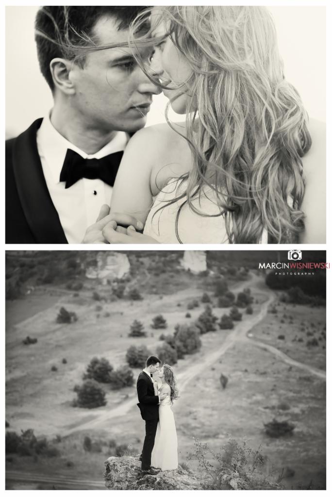 Czarno-białe zdjęcie ślubne: zbliżenie pary młodej, włosy panny młodej rozwiane na wietrze, oraz ujęcie z daleka na tle krajobrazu ze wzgórzami i ścieżką.