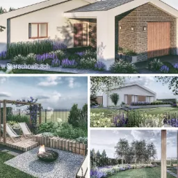 Wizualizacja ogrodu: Nowoczesny dom z nasadzeniami z lawendy i traw ozdobnych, strefa relaksu z pergolą obrośniętą pnączami, palenisko otoczone żwirem i leżakami.