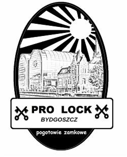 Czarno-biała grafika z budynkami w Bydgoszczy, stylizowanymi promieniami słonecznymi i napisem 'PRO LOCK Bydgoszcz pogotowie zamkowe' z dwoma skrzyżowanymi kluczami.