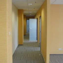 Korytarz biurowy z żółtymi ścianami o wyraźnej fakturze i wzorzystą wykładziną dywanową w odcieniach szarości, widok na przeszklone drzwi w głębi.